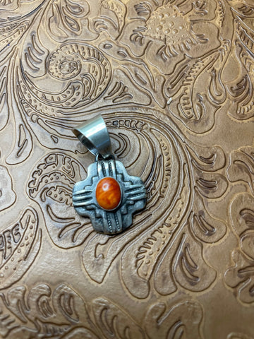 Navajo Sterling Silver Orange Spiny Pendant By Chimney Butte