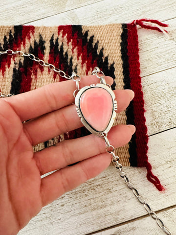 Navajo Queen Pink Conch Shell And Sterling Silver Lariat Necklace Signed