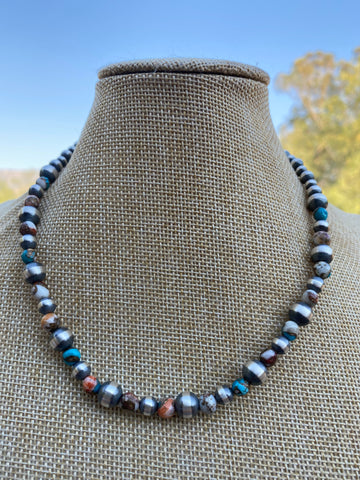 Navajo Turquoise & Spiny Spice Sterling Silver Beaded Necklace 16 inch