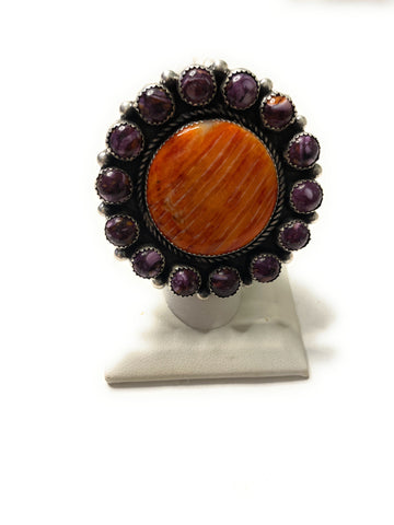 Navajo Sterling Silver And Orange And Purple Spiny Adjustable Ring