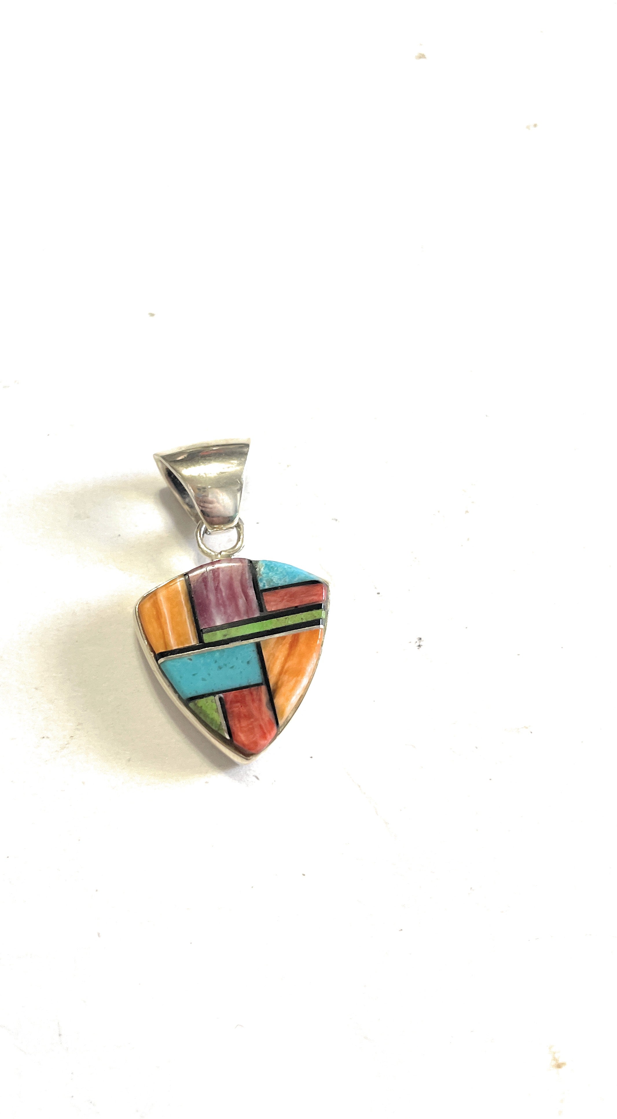 Navajo Multi Stone Inlay & Sterling Silver Pendant Signed