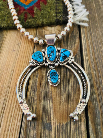 Navajo Sterling Silver & Kingman Turquoise Beaded Naja Necklace