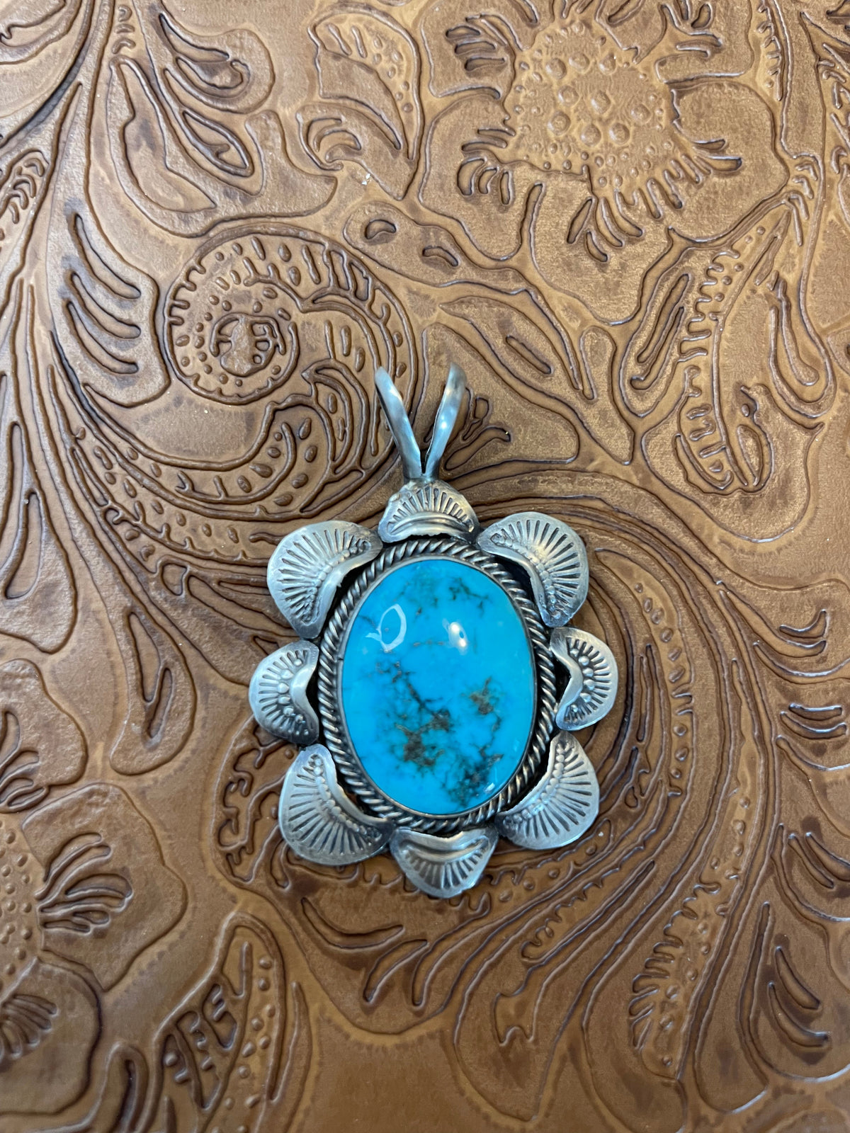 Navajo Turquoise And Sterling Silver Pendant Signed