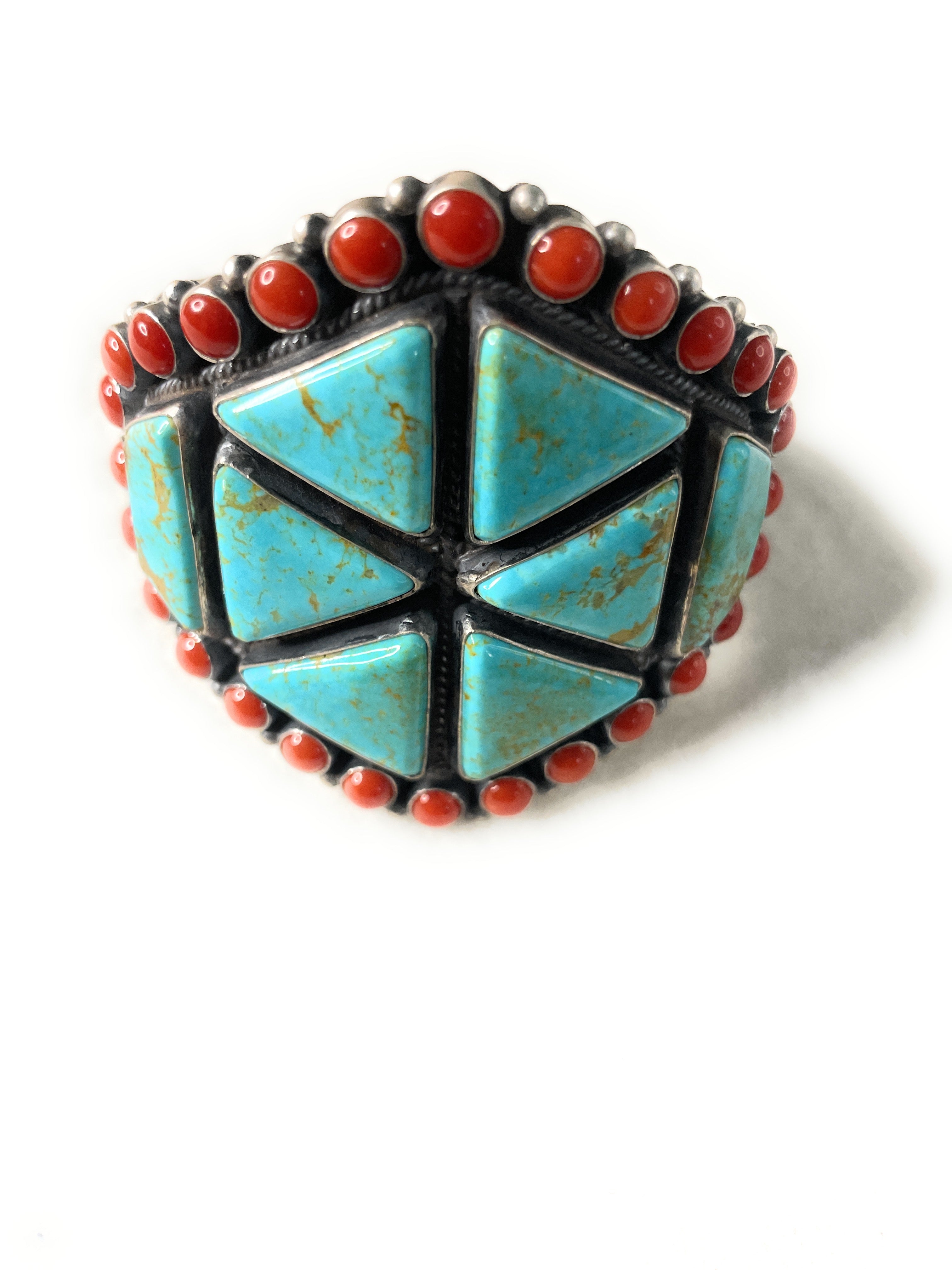 Anthony Skeets Navajo Turquoise, Coral & Sterling Silver Cuff Bracelet Signed