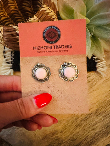 Navajo Queen Pink Conch & Sterling Silver Stud Earrings