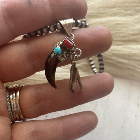 Navajo Coral, Turquoise & Sterling Silver Feather Pendant