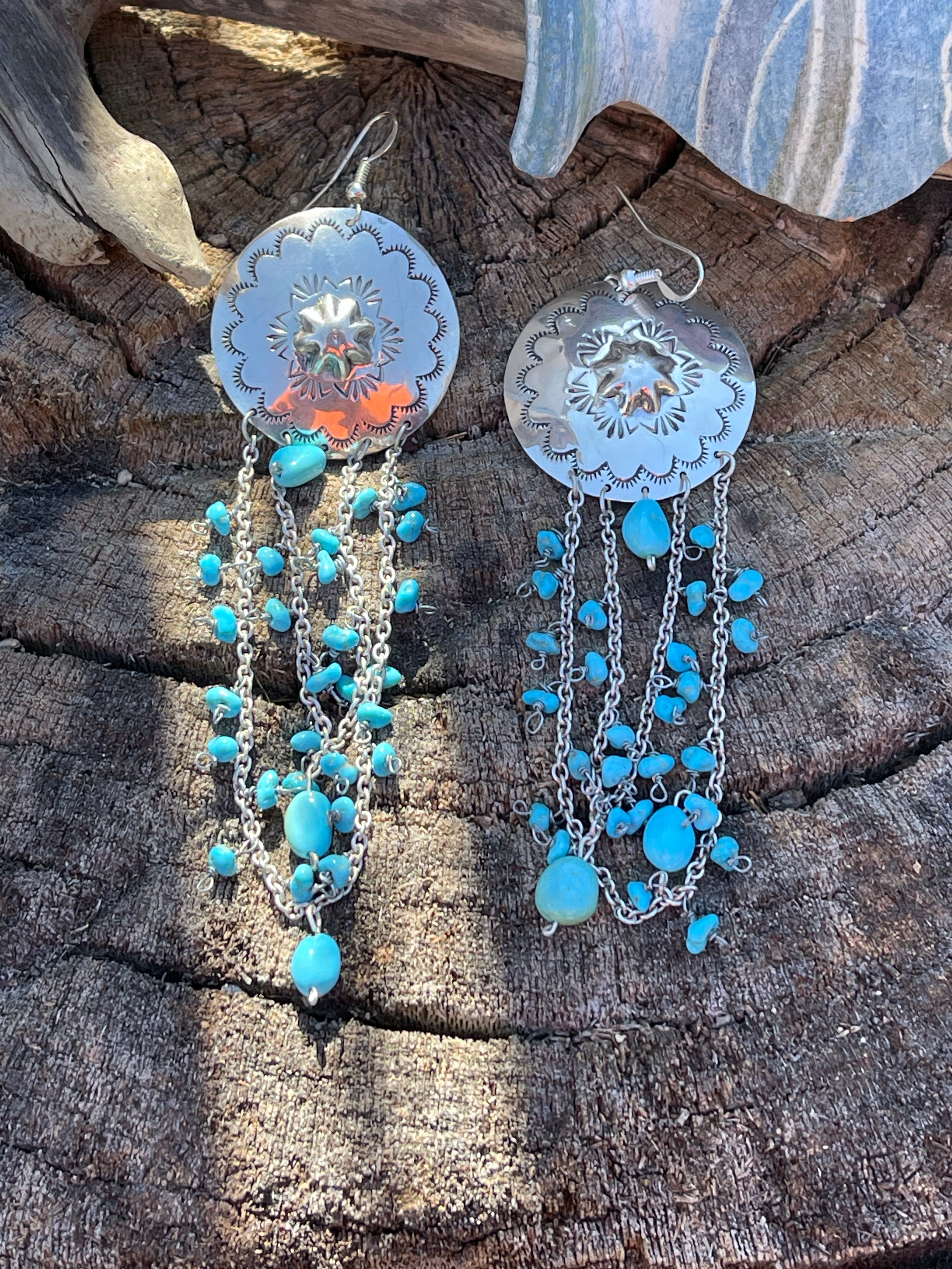 Navajo Sterling Silver Turquoise Concho Chain Dangle Earrings