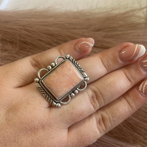 Gorgeous Navajo Pink Peruvian Opal And Sterling Silver Adjustable Ring