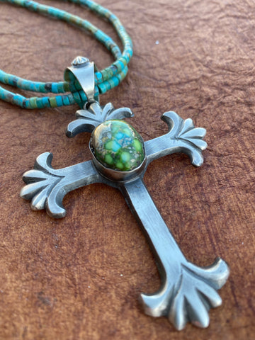 Navajo Sonoran Mountain Turquoise & Sterling Silver Cross Pendant By Chimney Butte