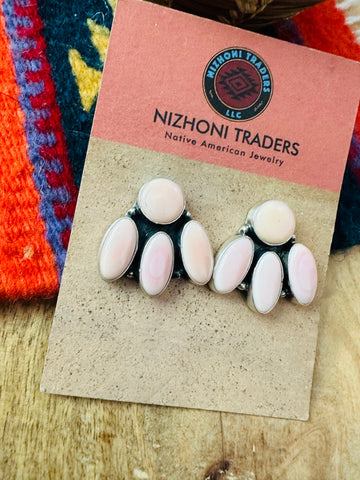 Navajo Queen Pink Conch & Sterling Silver Cluster Stud Earrings