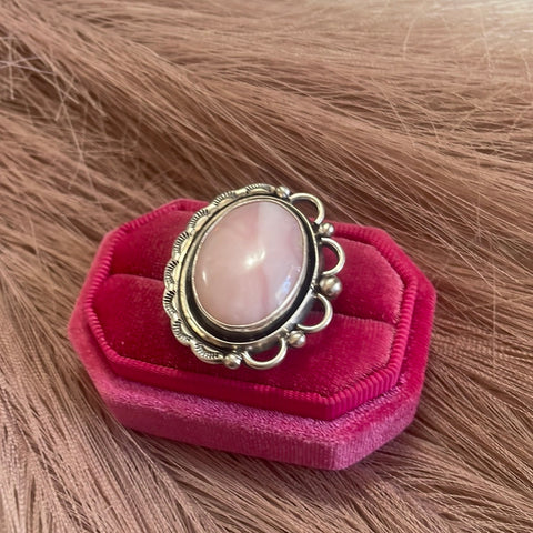 Gorgeous Navajo Pink Peruvian Opal And Sterling Silver Adjustable Ring