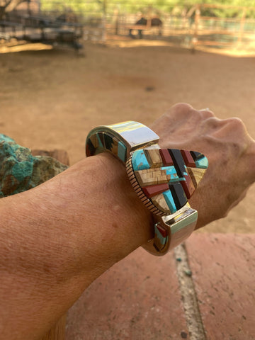 Navajo Multi Stone & Sterling Silver High Rise Inlay Cuff Bracelet