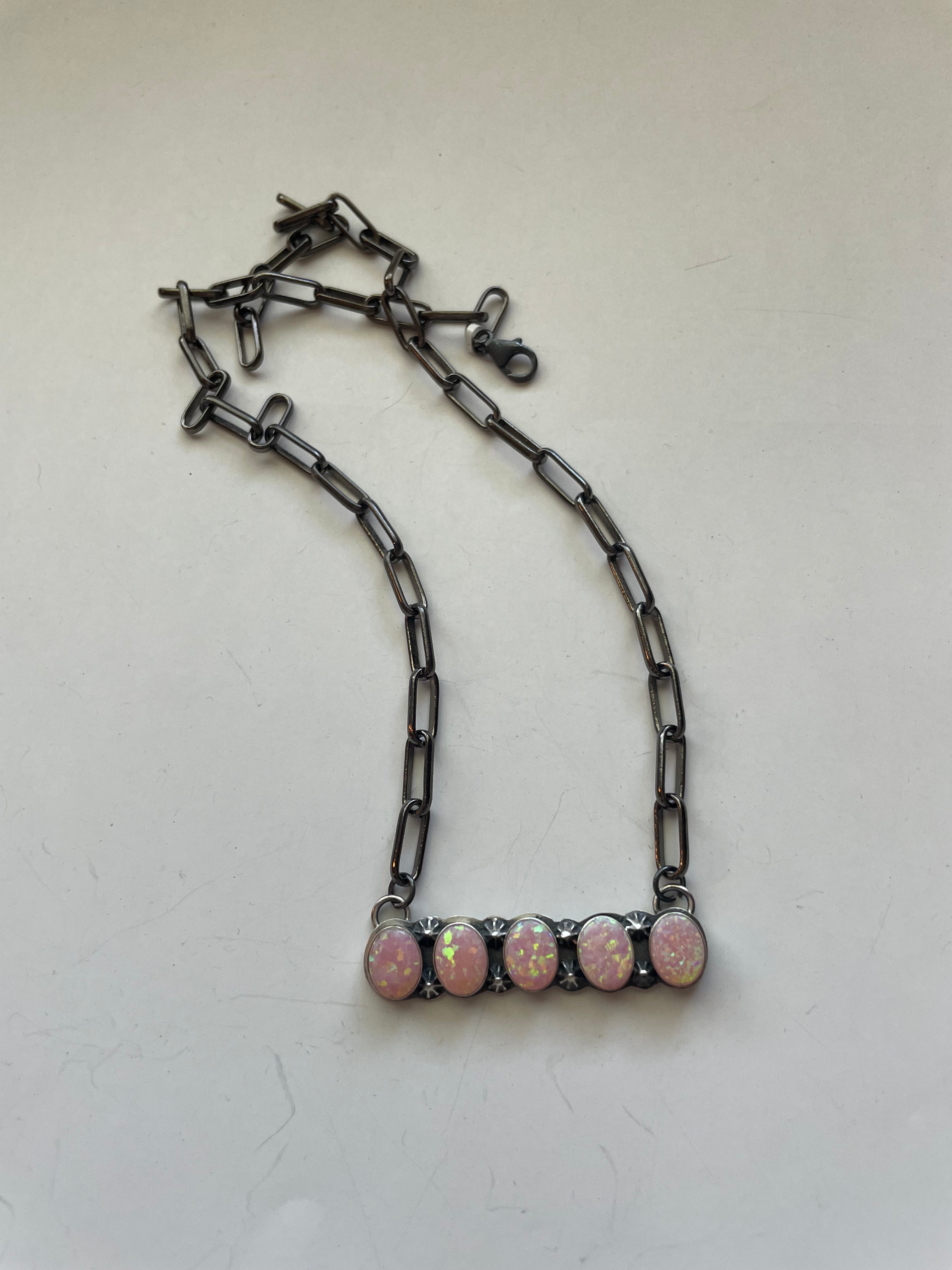 Navajo Sterling Silver & Pink Opal Bar Necklace 16 inch Signed