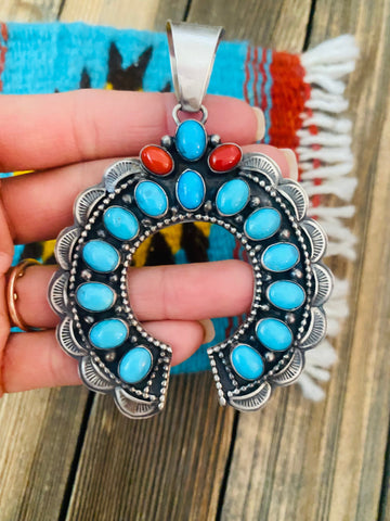 Navajo Sterling Silver, Sleeping Beauty Turquoise & Coral Naja Pendant