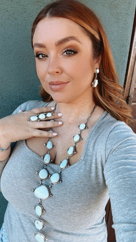 Larry Kaye Navajo Dry Creek Turquoise Drop Necklace, Earrings, Ring, Bracelet Set