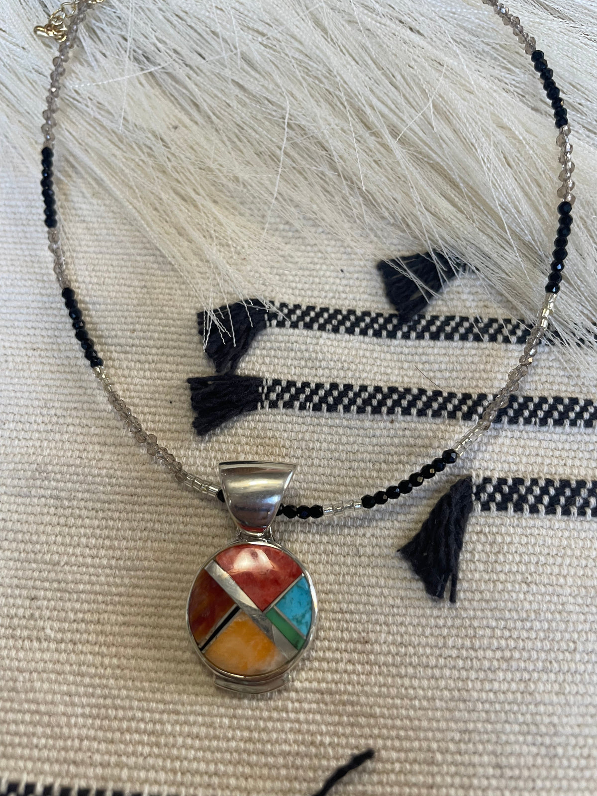 Navajo Multi Stone Inlay & Sterling Silver Circle Pendant