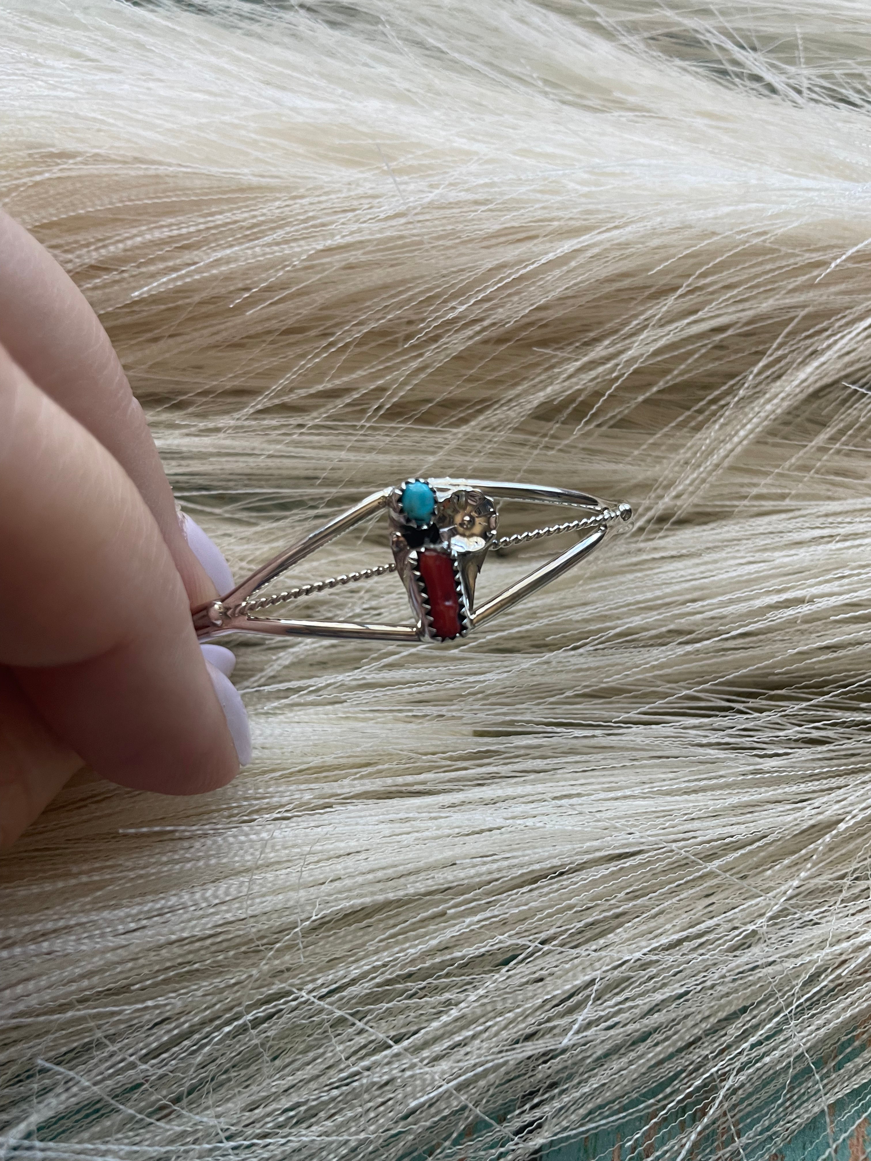 Navajo Sterling Silver, Turquoise, & Coral Baby Cuff Bracelet