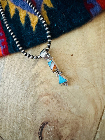 Navajo Turquoise, Spice & Sterling Silver Two Stone Pendant