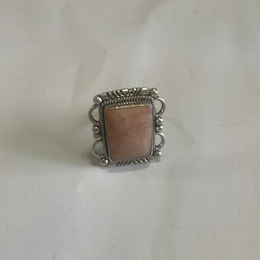 Gorgeous Navajo Pink Peruvian Opal And Sterling Silver Adjustable Ring