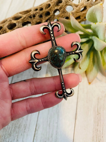 Navajo Sterling Silver & Royston Turquoise Cross Pendant By Martha Cayatineto