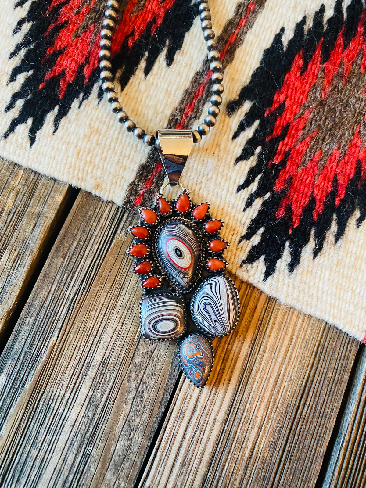 Handmade Sterling Silver, Fordite & Coral Cluster Pendant