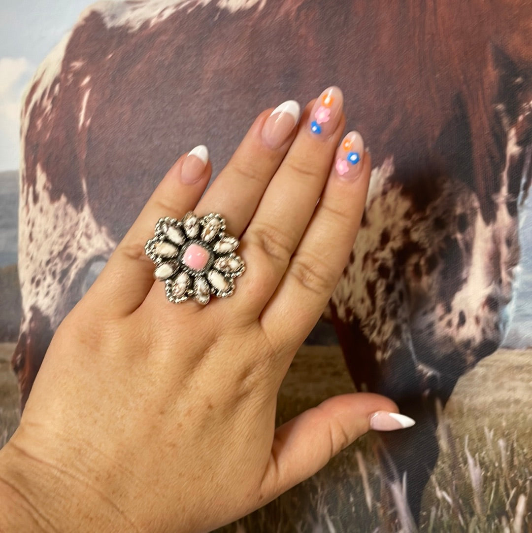 “Buy Me Flowers” Sterling Silver, Wild Horse & Pink Conch Adjustable Ring