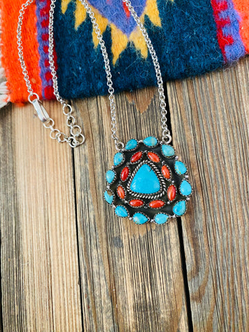 Handmade Sterling Silver, Turquoise & Coral Cluster Necklace