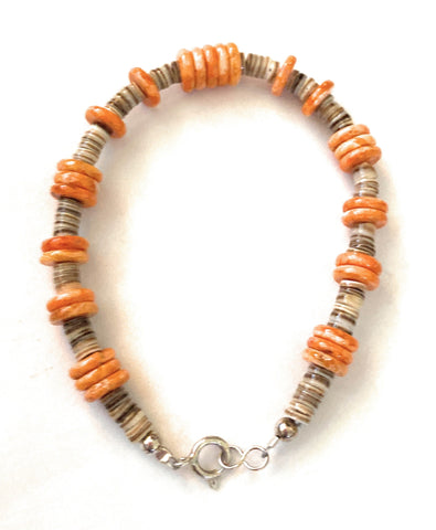 Navajo Orange Spiny, Heishi & Sterling Silver Beaded Bracelet