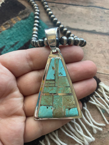 Navajo Number 8 Turquoise Inlay & Sterling Silver Triangle Pendant