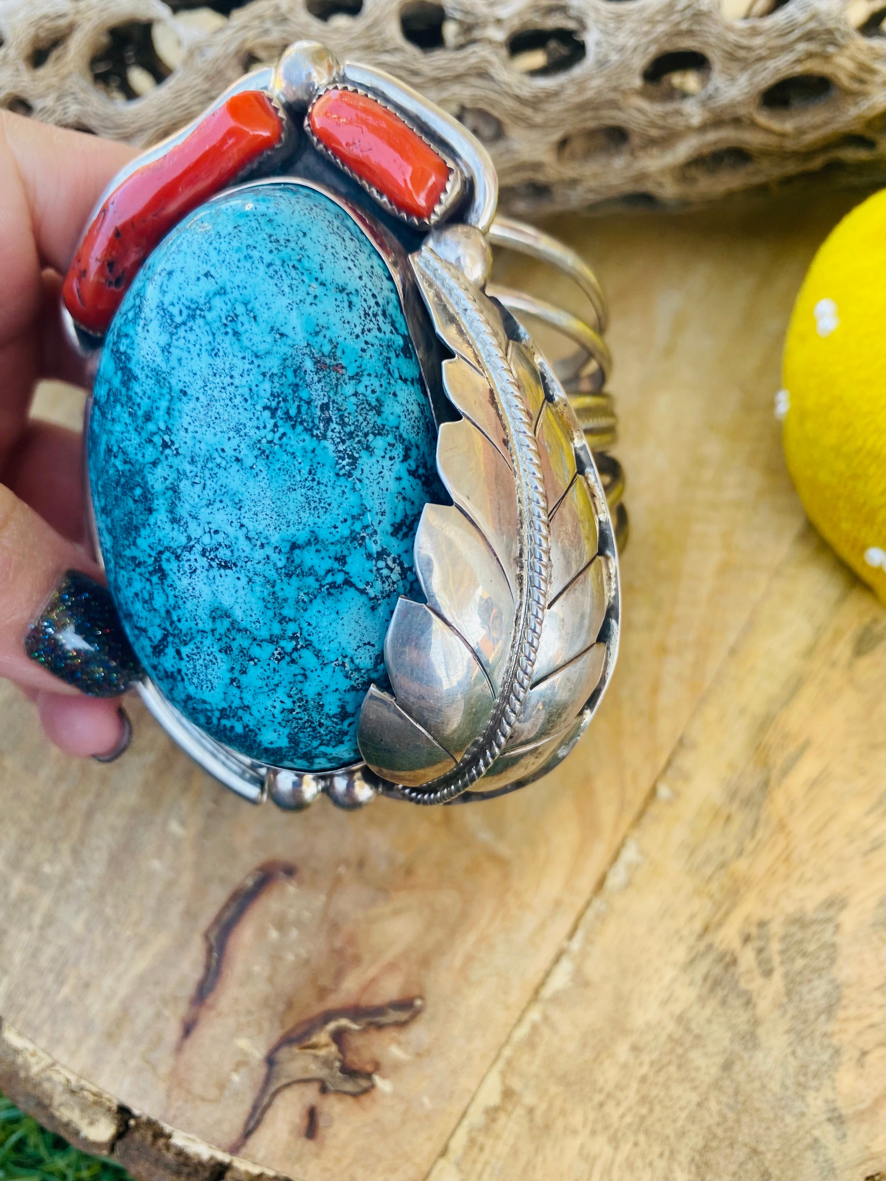 Incredible Navajo Handmade Bisbee Turquoise, Coral & Sterling Silver Jumbo Cuff Bracelet