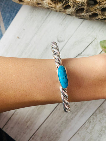 Navajo Twisted Sterling Silver & Kingman Turquoise Cuff Bracelet