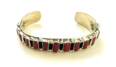 Navajo Coral & Sterling Silver Cuff Bracelet Signed