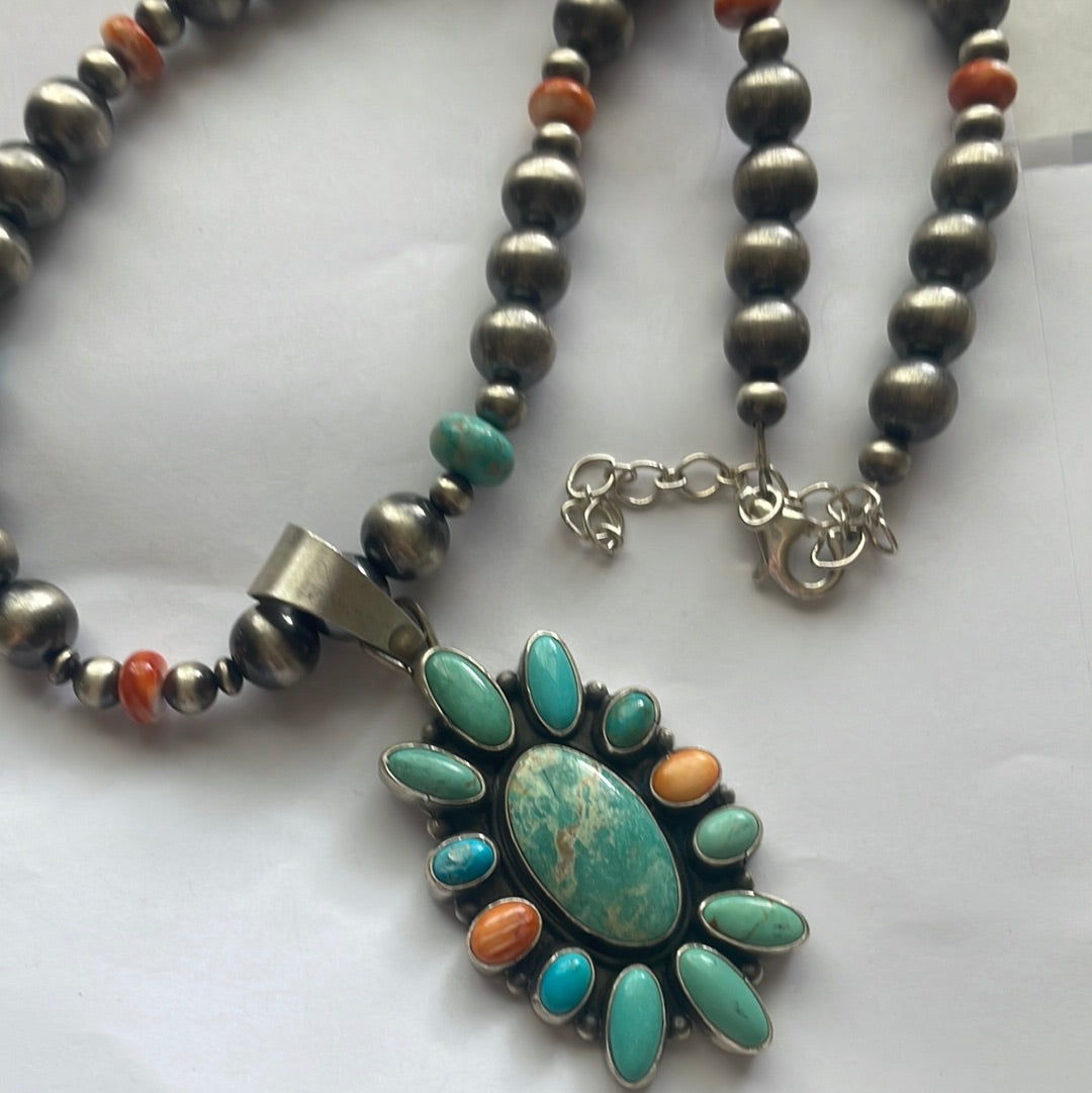 Beautiful Navajo Sterling Silver, Spiny & Turquoise Necklace Signed Sheila Becenti