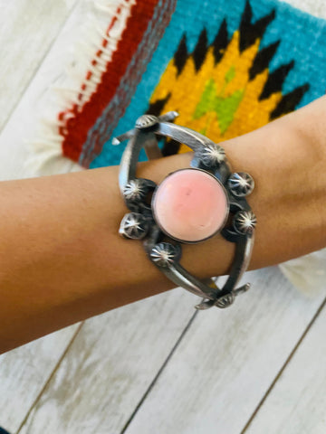 Navajo Queen Pink Conch Shell & Sterling Silver Cuff Bracelet By Chimney Butte