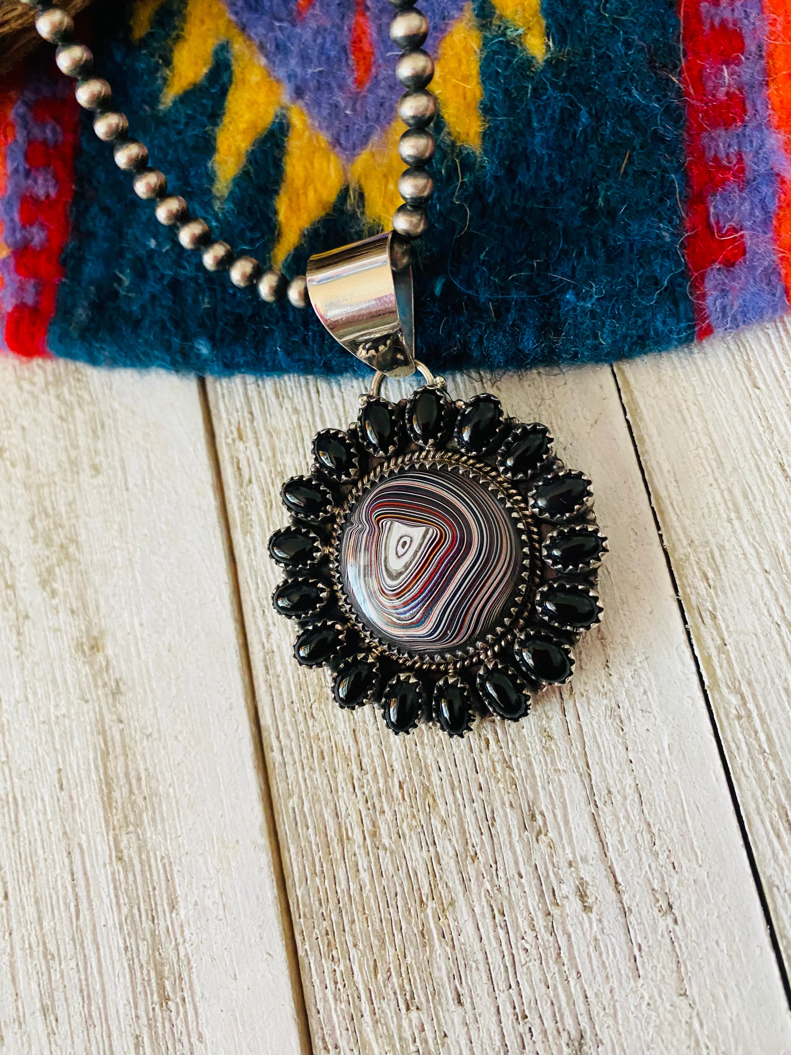 Handmade Sterling Silver, Fordite & Onyx Cluster Pendant