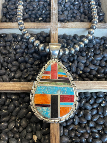 Navajo Multi Stone Inlay & Sterling Silver Pendant Signed LK