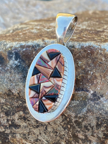 Navajo Onyx, Purple Spiny, Coral & Sterling Silver Pendant