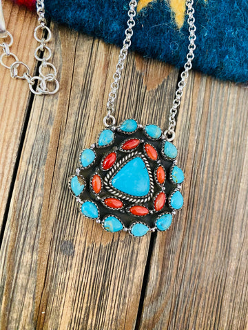 Handmade Sterling Silver, Turquoise & Coral Cluster Necklace