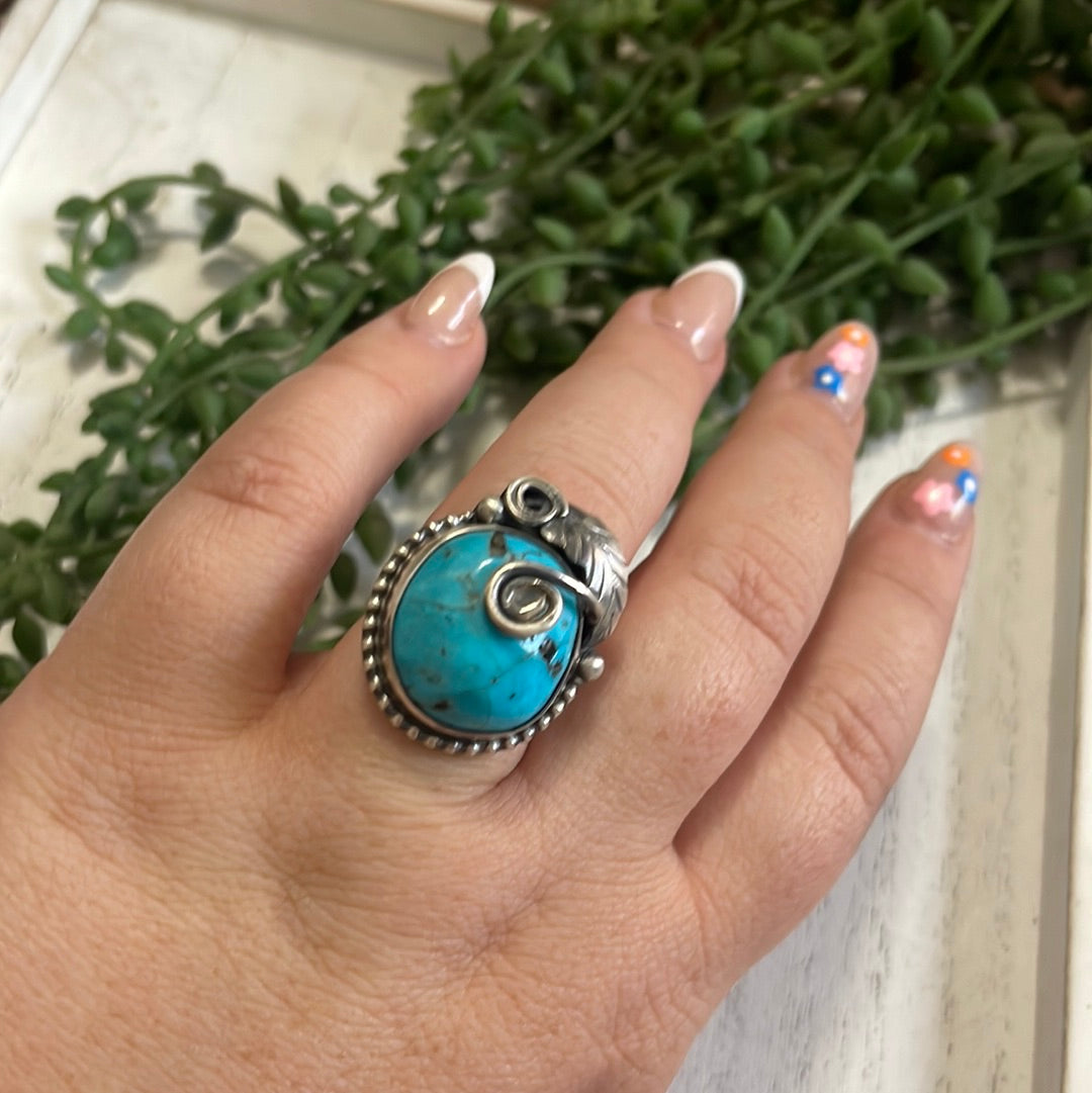 Navajo Turquoise & Sterling Silver Feather Ring Signed Size 7.25