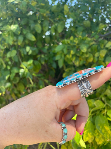 Navajo Turquoise, Orange Dream & Sterling Silver Adjustable Ring Signed P Yazzie