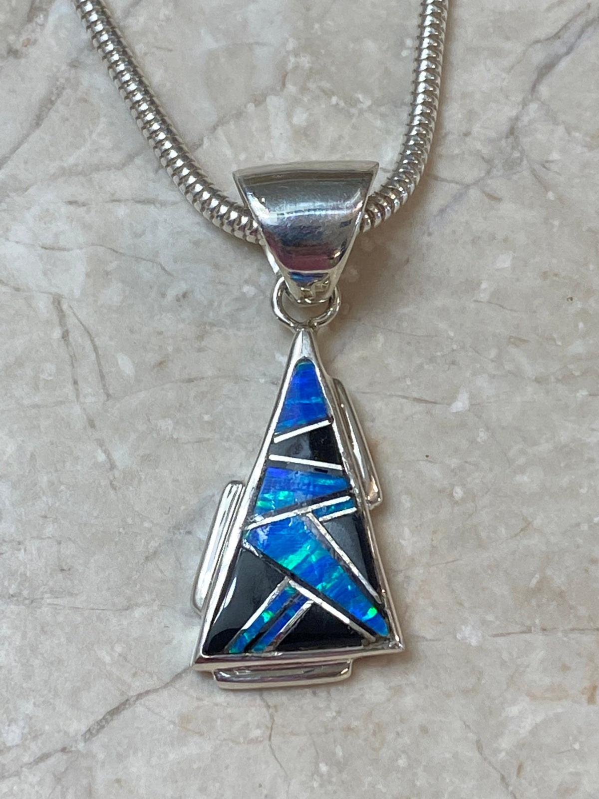 Navajo Lapis, Turquoise, Blue Opal 1.5” Triangle Pendant