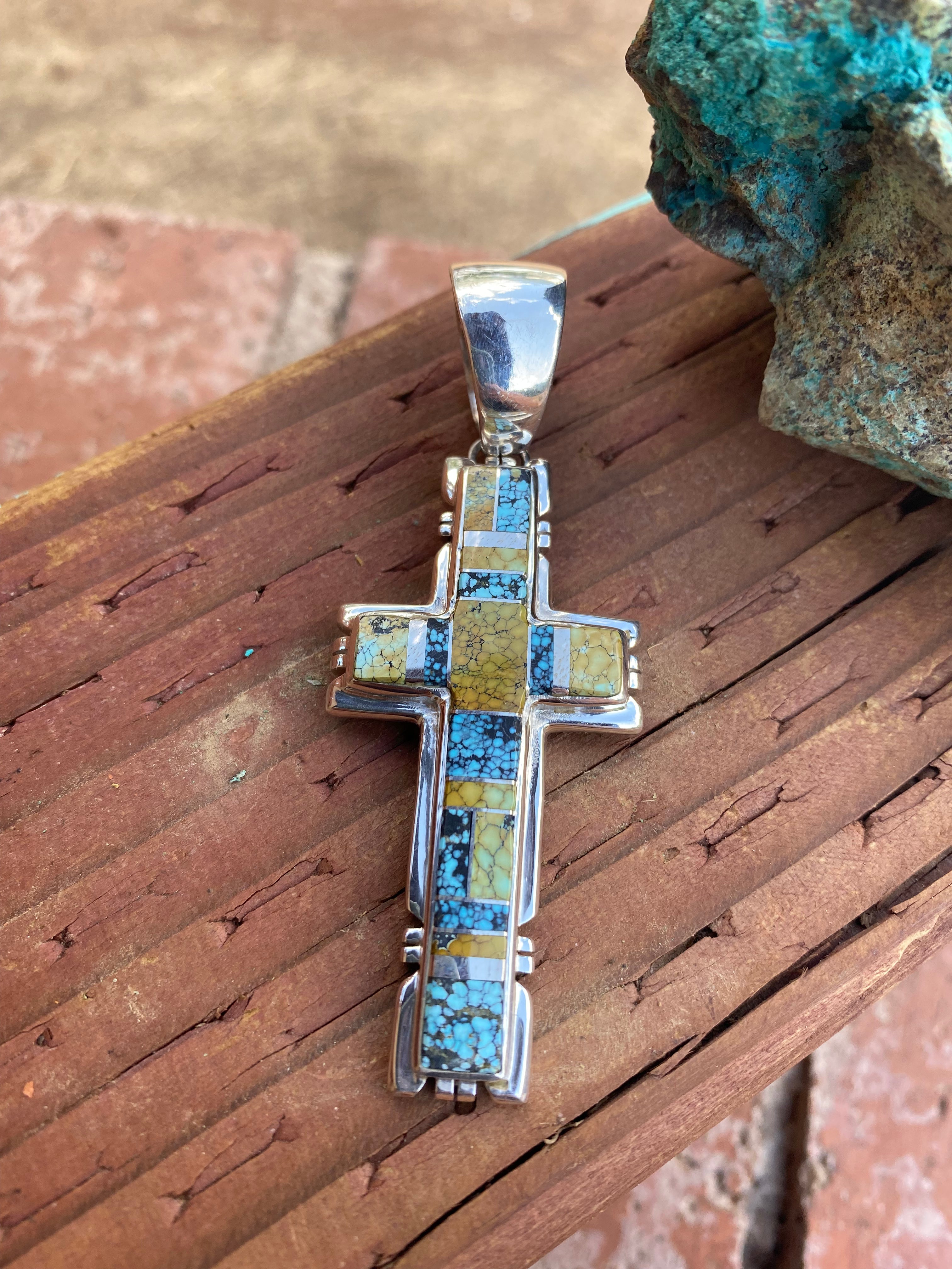 Natural Blue Moon Turquoise & Sterling Silver Navajo  Cross Pendant