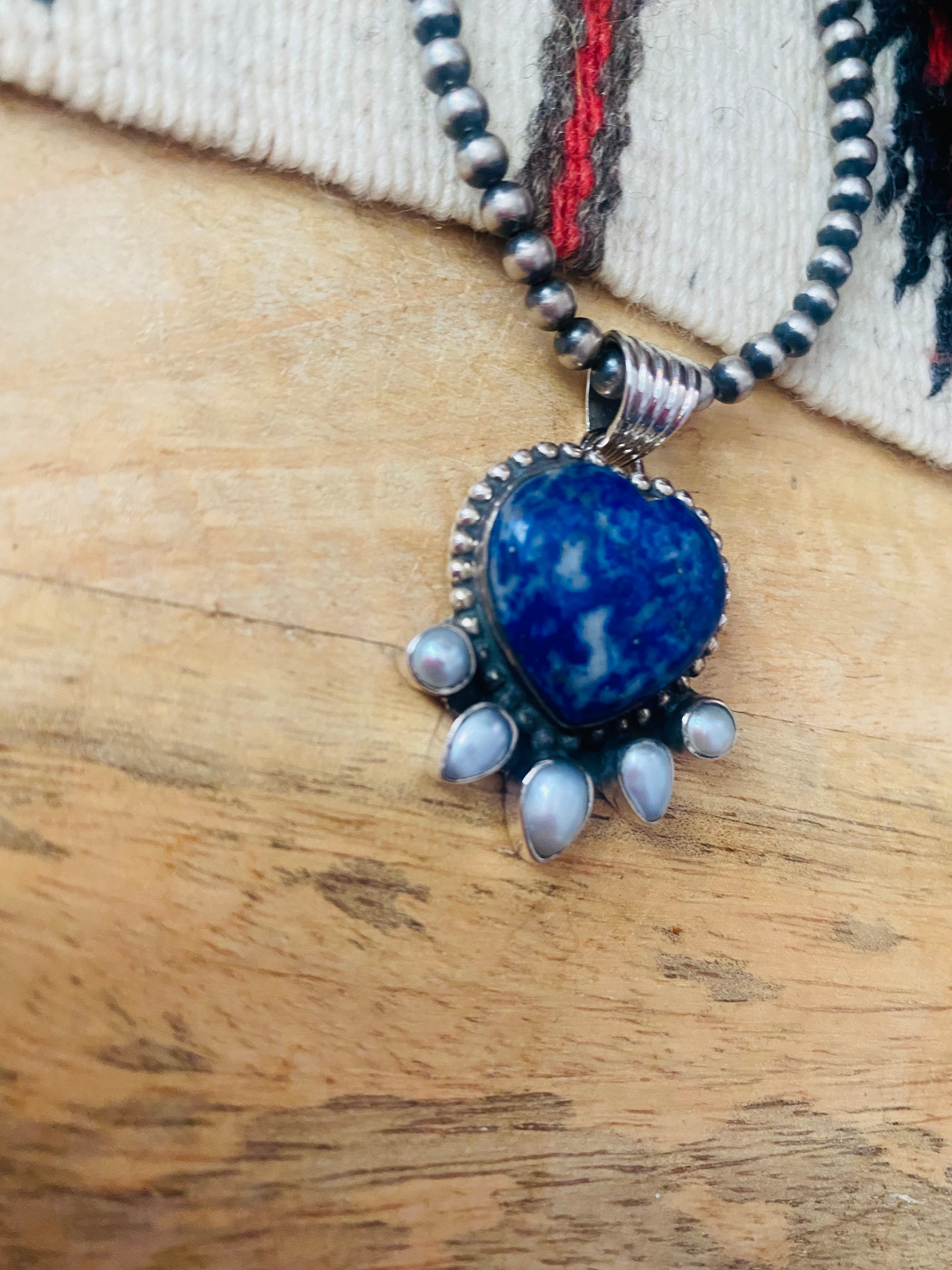 Denim Lapis & Pearl Heart Pendant