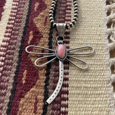 Navajo Pink Conch & Sterling Silver Dragonfly Pendant Signed