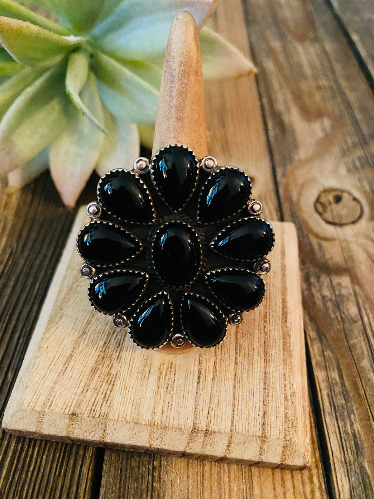 Navajo Sterling Silver & Black Onyx Cluster Ring