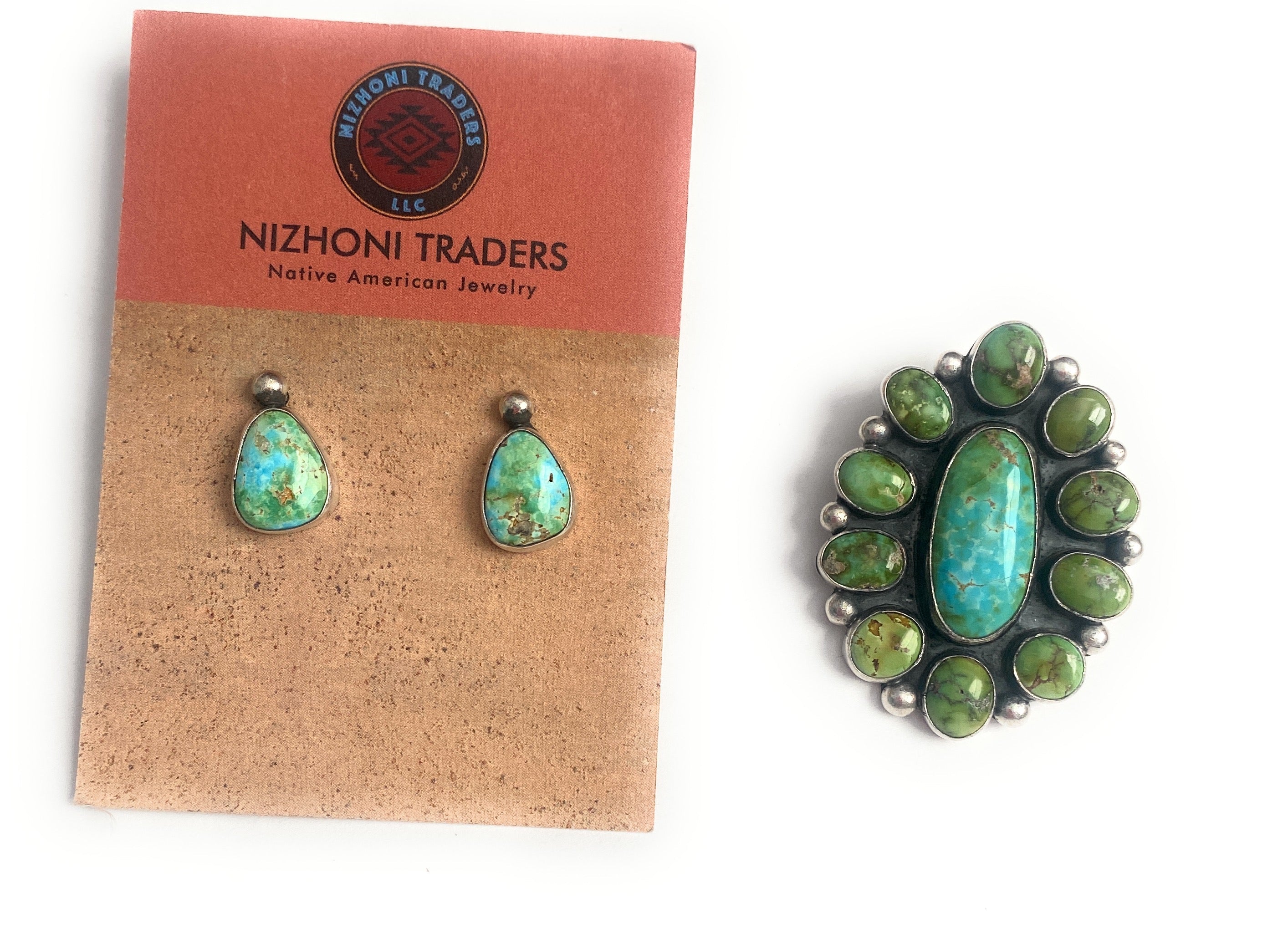 Navajo Sonoran Mountain Turquoise & Sterling Silver Cluster Earrings & Pendant Set