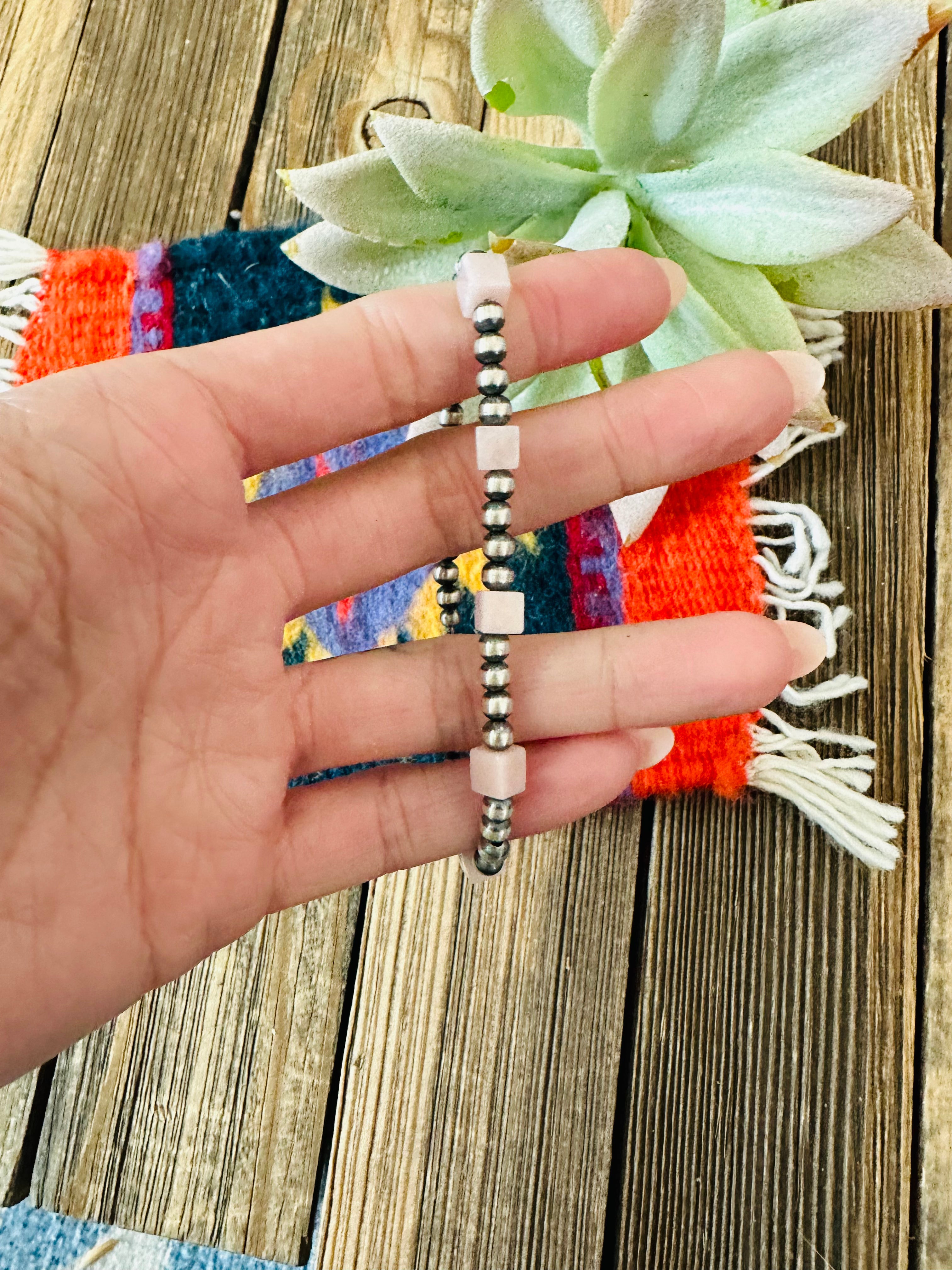 Navajo Queen Pink Conch Shell & Sterling Silver Beaded Bracelet