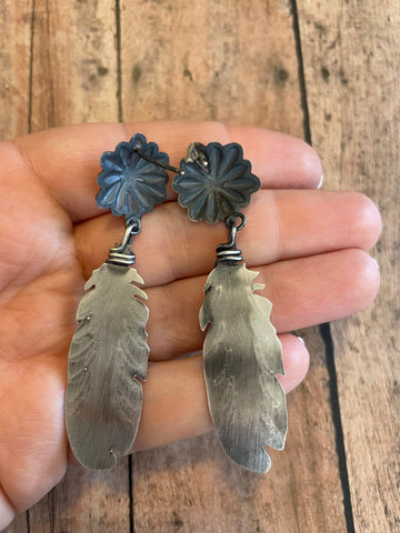 Navajo Sterling Silver Turquoise Feather Dangle Earrings