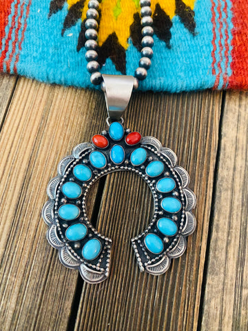 Navajo Sterling Silver, Sleeping Beauty Turquoise & Coral Naja Pendant