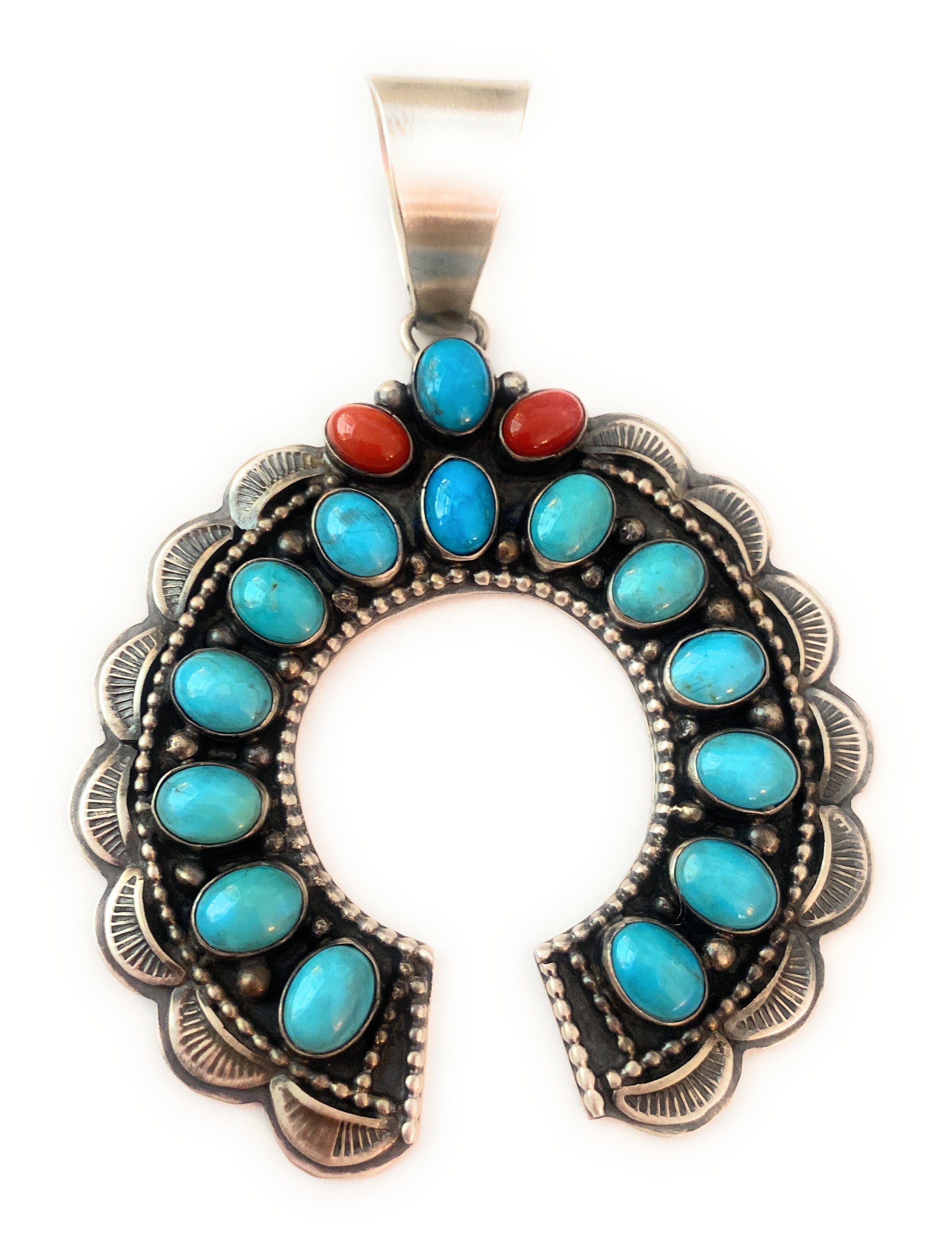 Navajo Sterling Silver, Sleeping Beauty Turquoise & Coral Naja Pendant